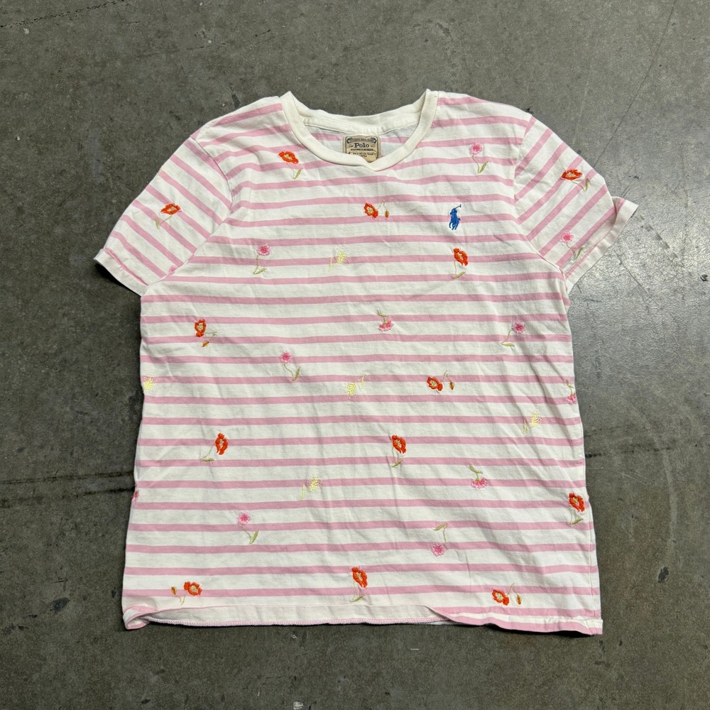 Polo Ralph Lauren Pink White Striped Floral Embroidered T-Shirt Womens Medium